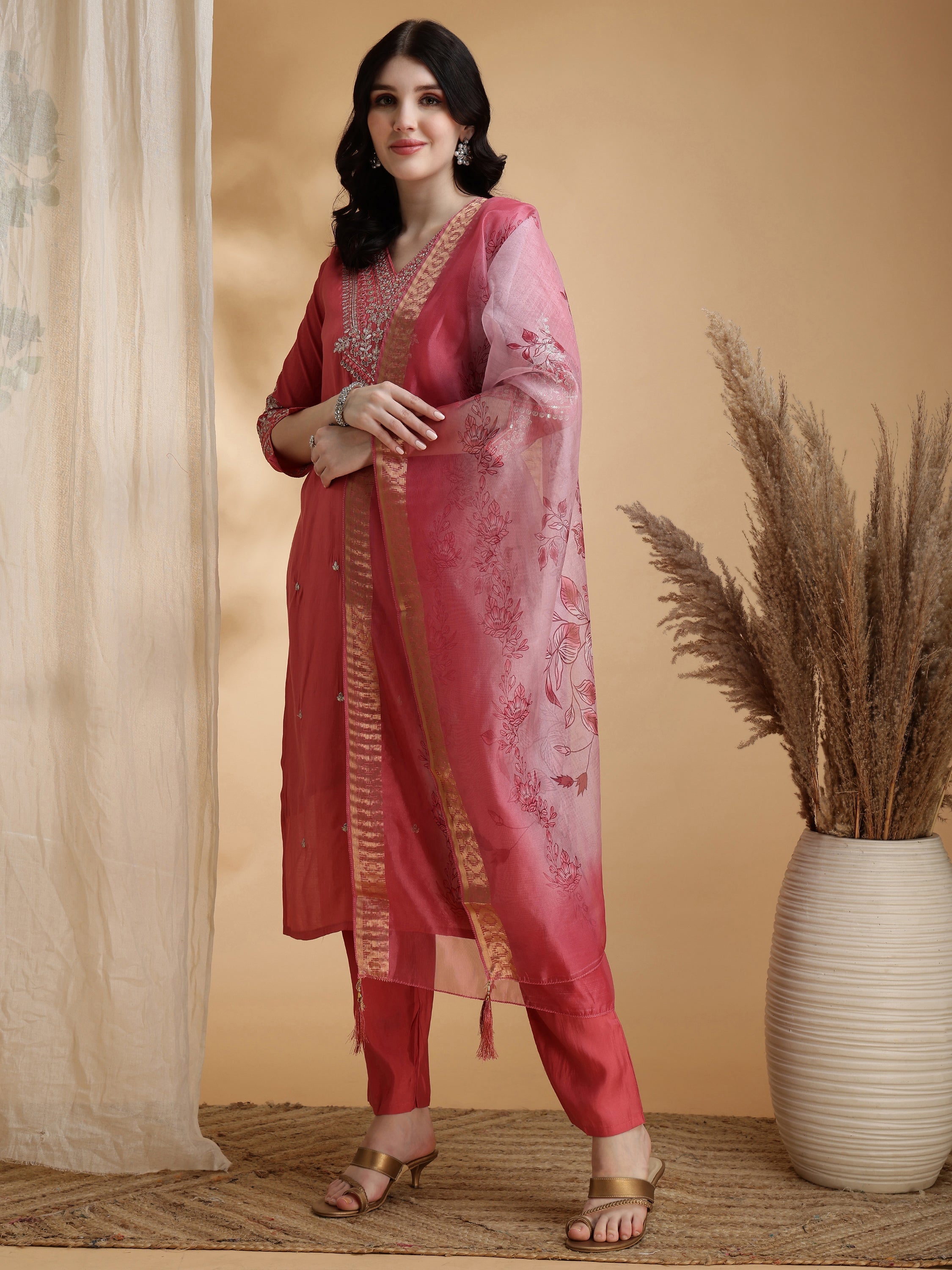 Pink Sequined Embroidered Kurta Set with Floral Dupatta