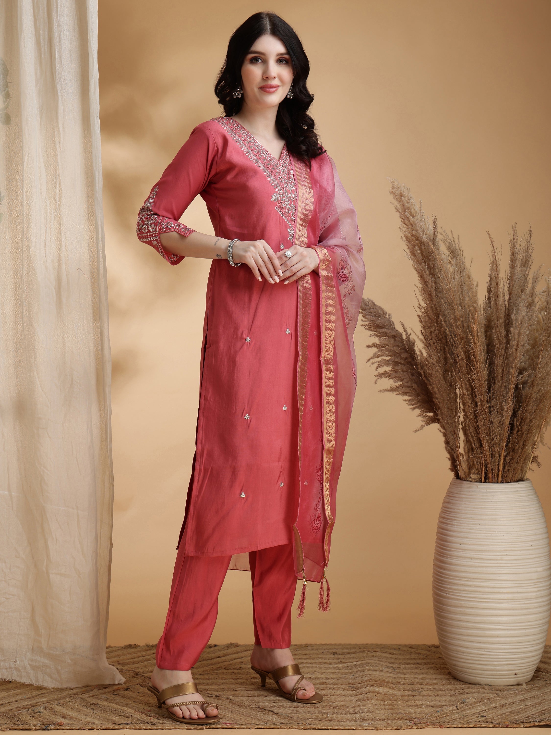 Pink Sequined Embroidered Kurta Set with Floral Dupatta