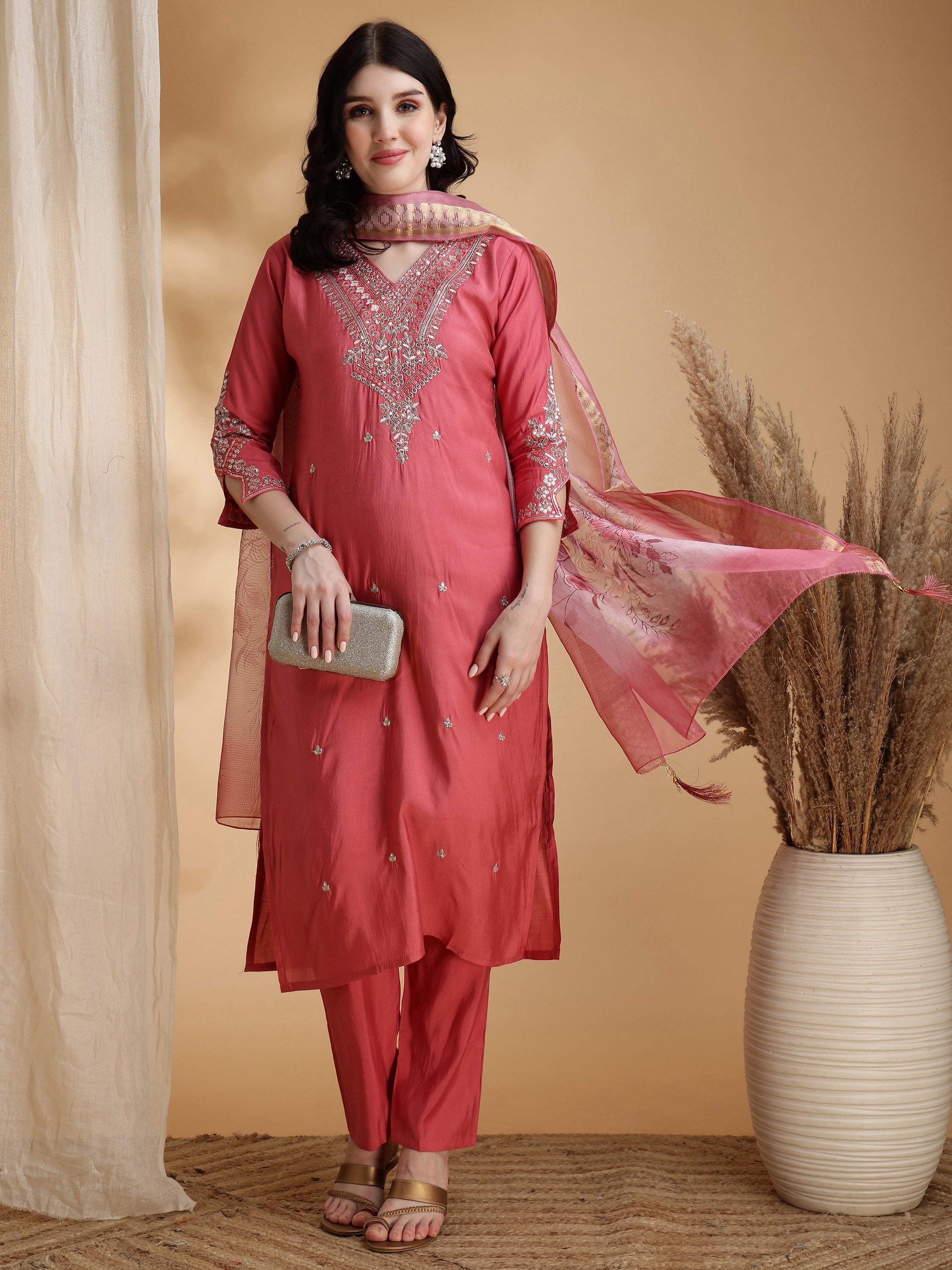 Pink Sequined Embroidered Kurta Set with Floral Dupatta