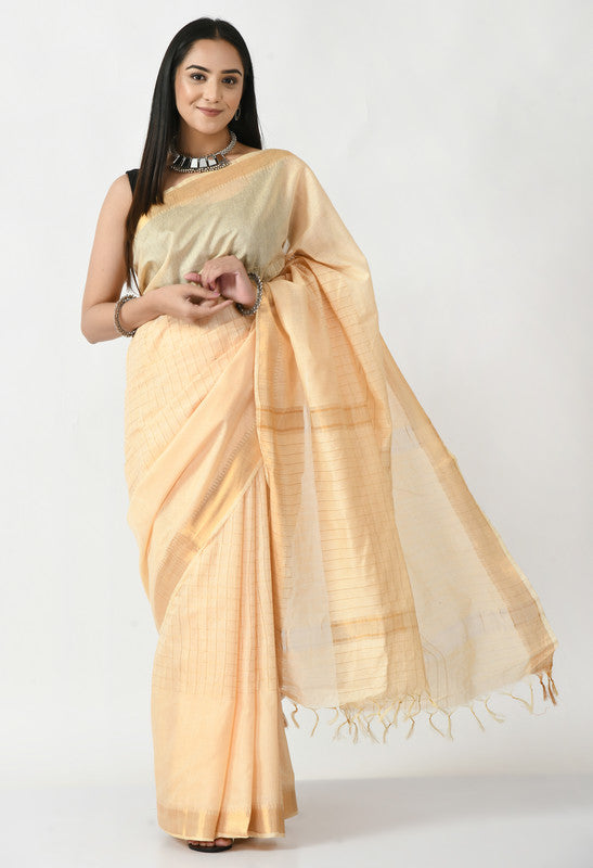 Classic golden Bhagalpuri handloom silk saree with striped pattern and unstitched blouse piece