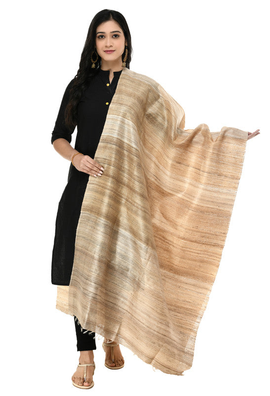 A close-up of a neutral beige and tan Pure Ghichcha Silk Tussar Dupatta featuring natural silk slub textures.
