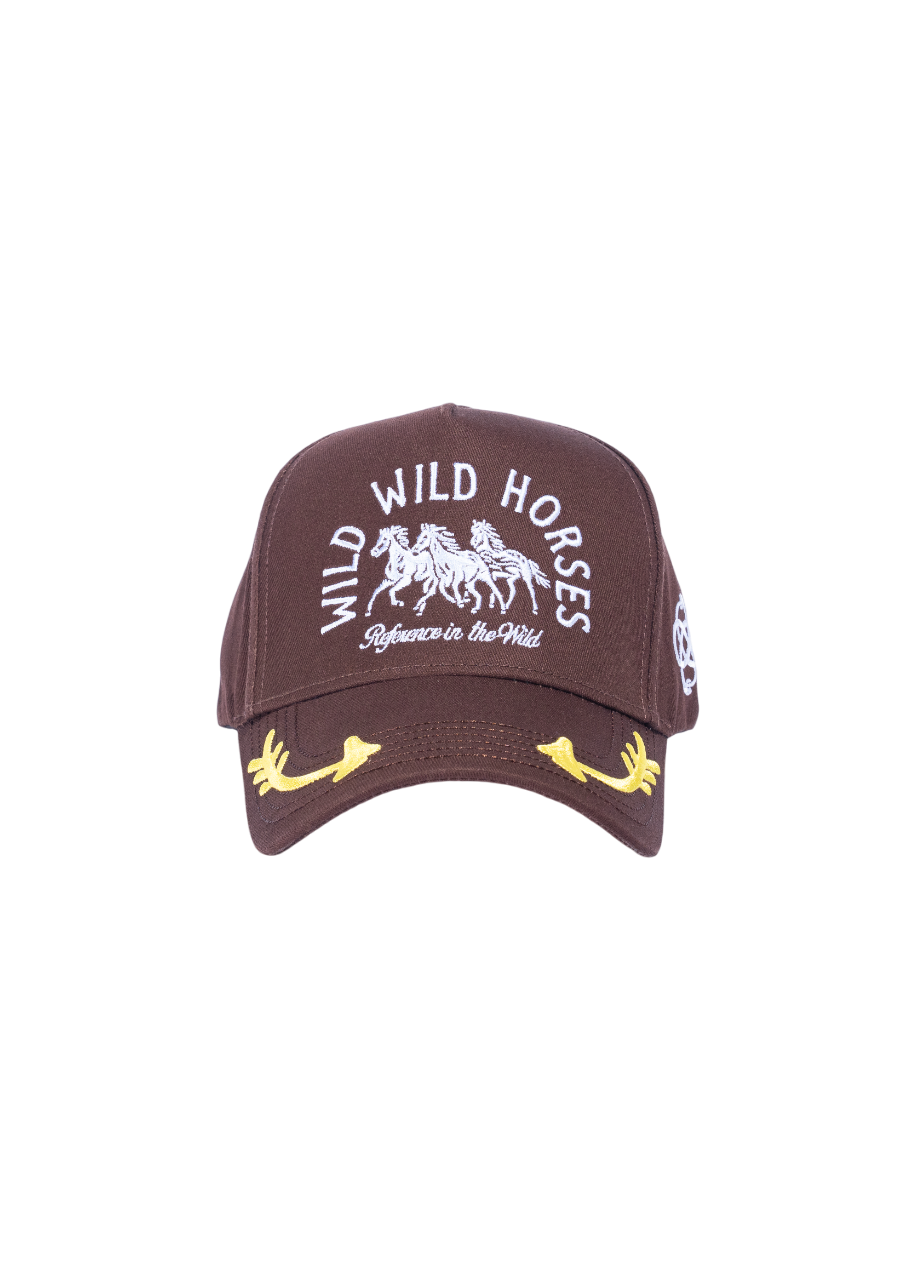 Brown cotton canvas cap with white Wild Horses embroidery on front and gold arrow accents on the brim
