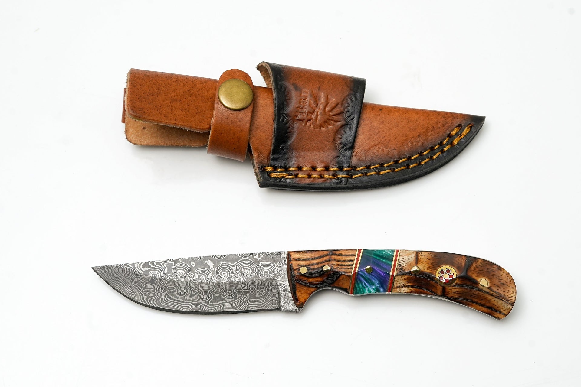 Hand-Forged Damascus Skinner | Torched Wood & Resin Hybrid Handle | Custom Field Knife TK-476