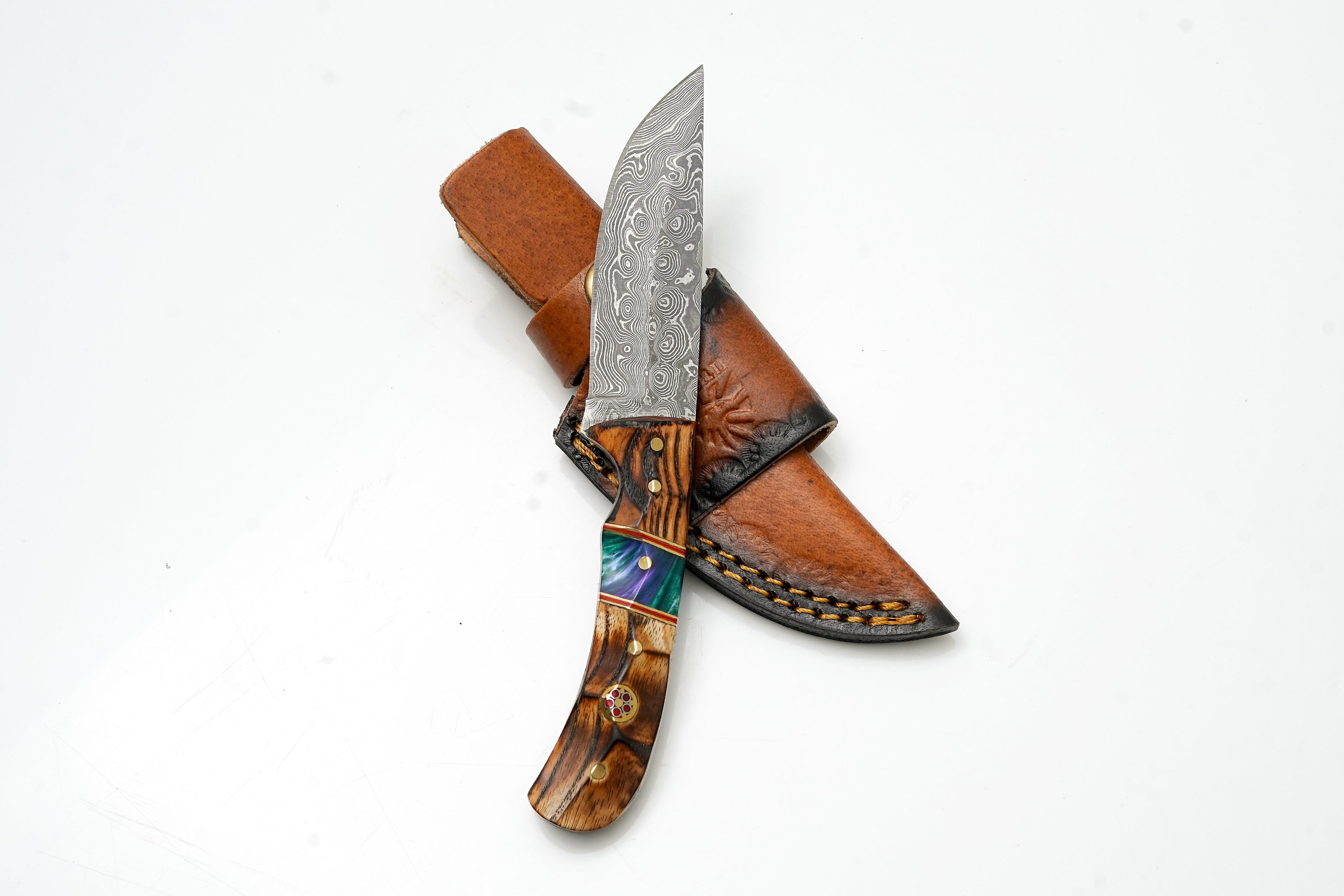 Hand-Forged Damascus Skinner | Torched Wood & Resin Hybrid Handle | Custom Field Knife TK-476
