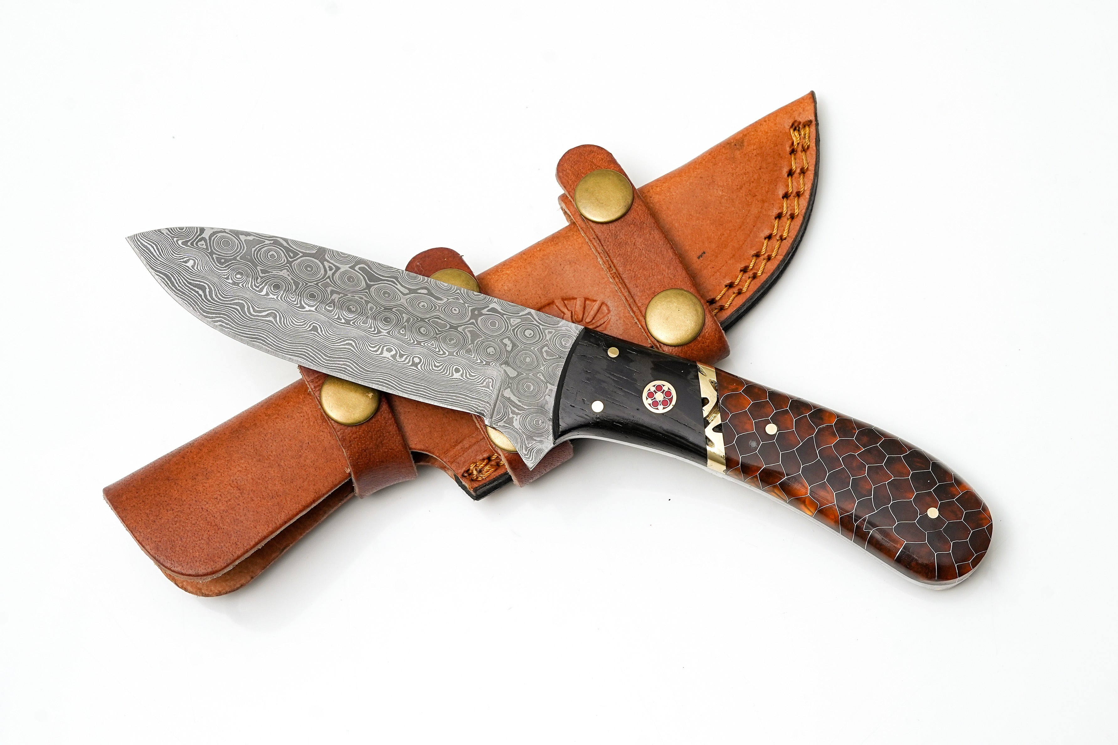 Hand-Forged Damascus Hunter | Amber Honeycomb & Black Wood Handle | Scout Carry Sheath TK-478