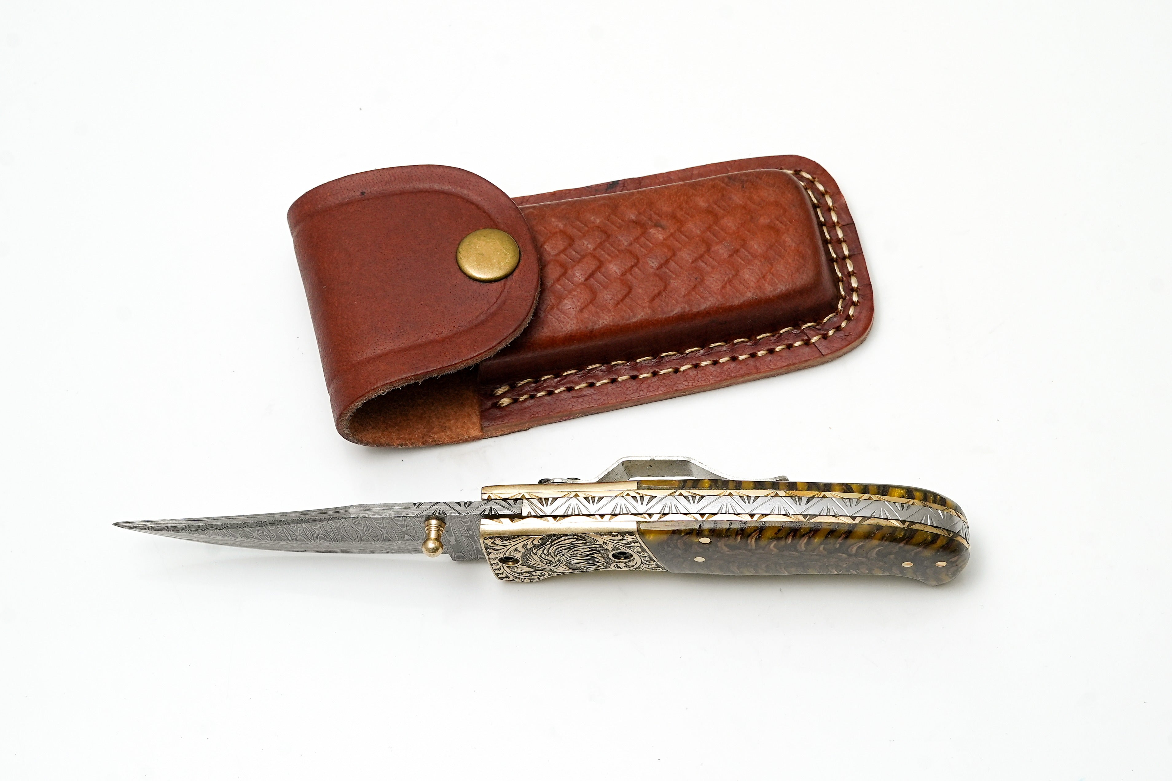 Custom Damascus Steel Clip Point Folding Knife | HAND Engraved Eagle Bolster & Amber Pine Cone Handle TK-484