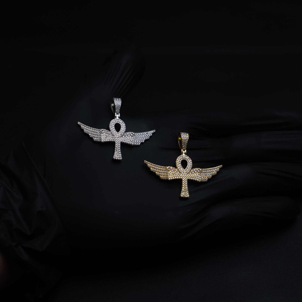 Angel Wings Ankh Cross Moissanite 925 Sterling Silver Pendant
