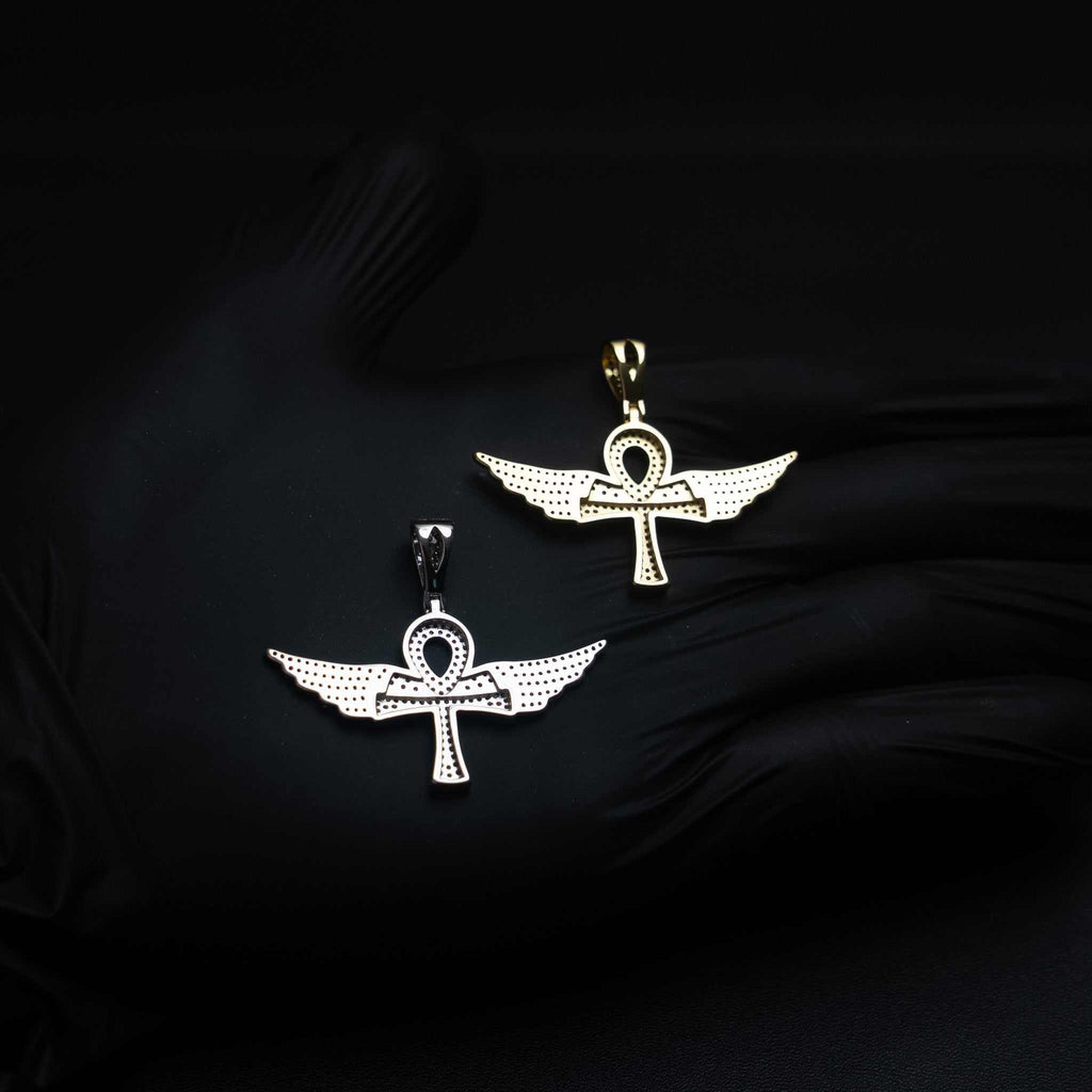 Angel Wings Ankh Cross Moissanite 925 Sterling Silver Pendant