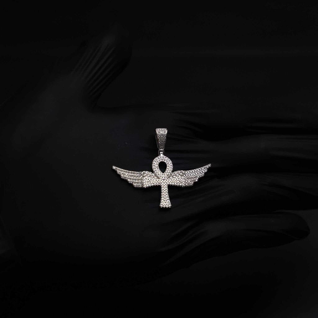 Angel Wings Ankh Cross Moissanite 925 Sterling Silver Pendant