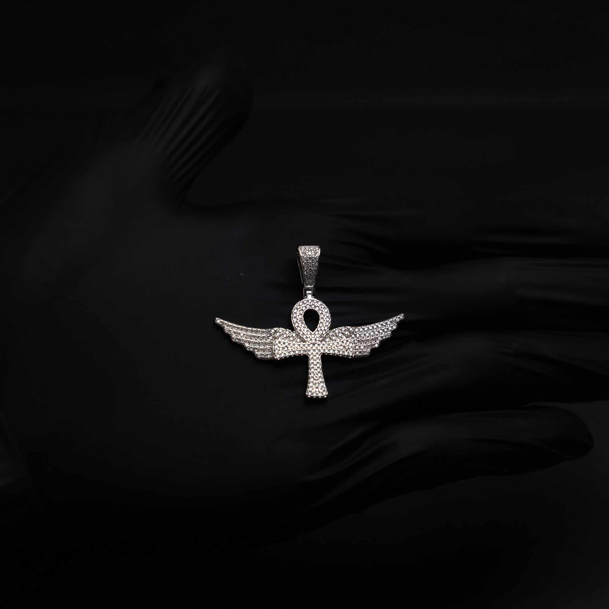 Angel Wings Ankh Cross Moissanite 925 Sterling Silver Pendant