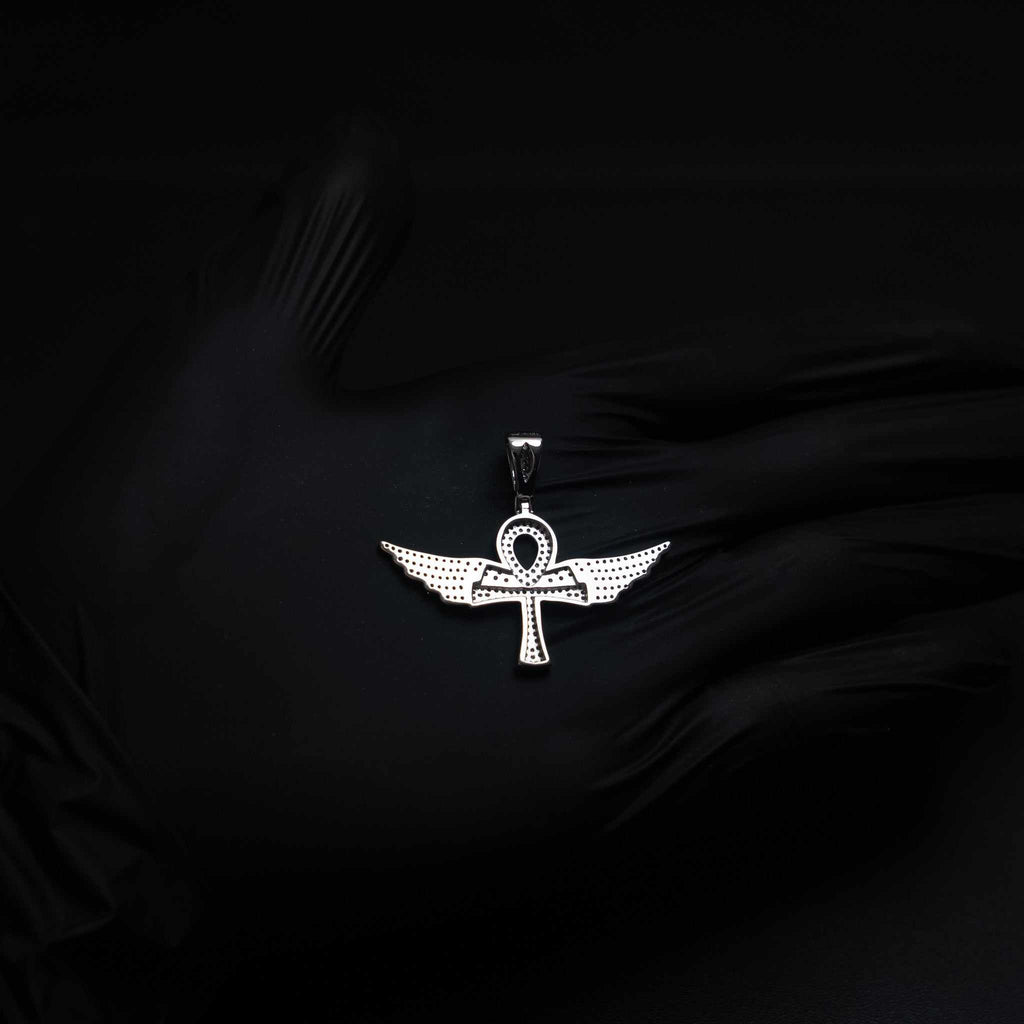 Angel Wings Ankh Cross Moissanite 925 Sterling Silver Pendant