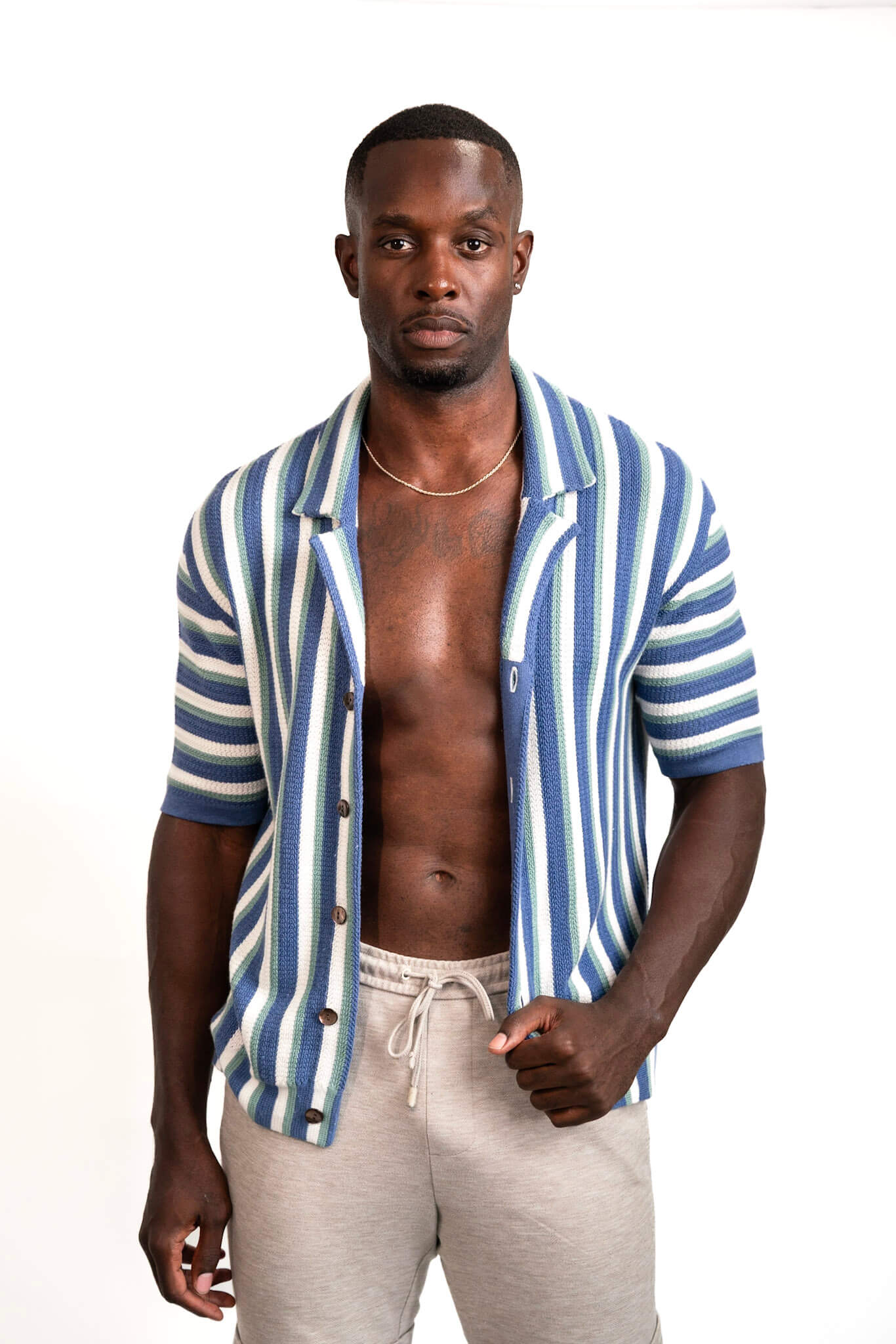 Hand-Woven Button-Up Shirt | Organic Cashmere Cotton Blend | Midnight Blue, Sage & Cream