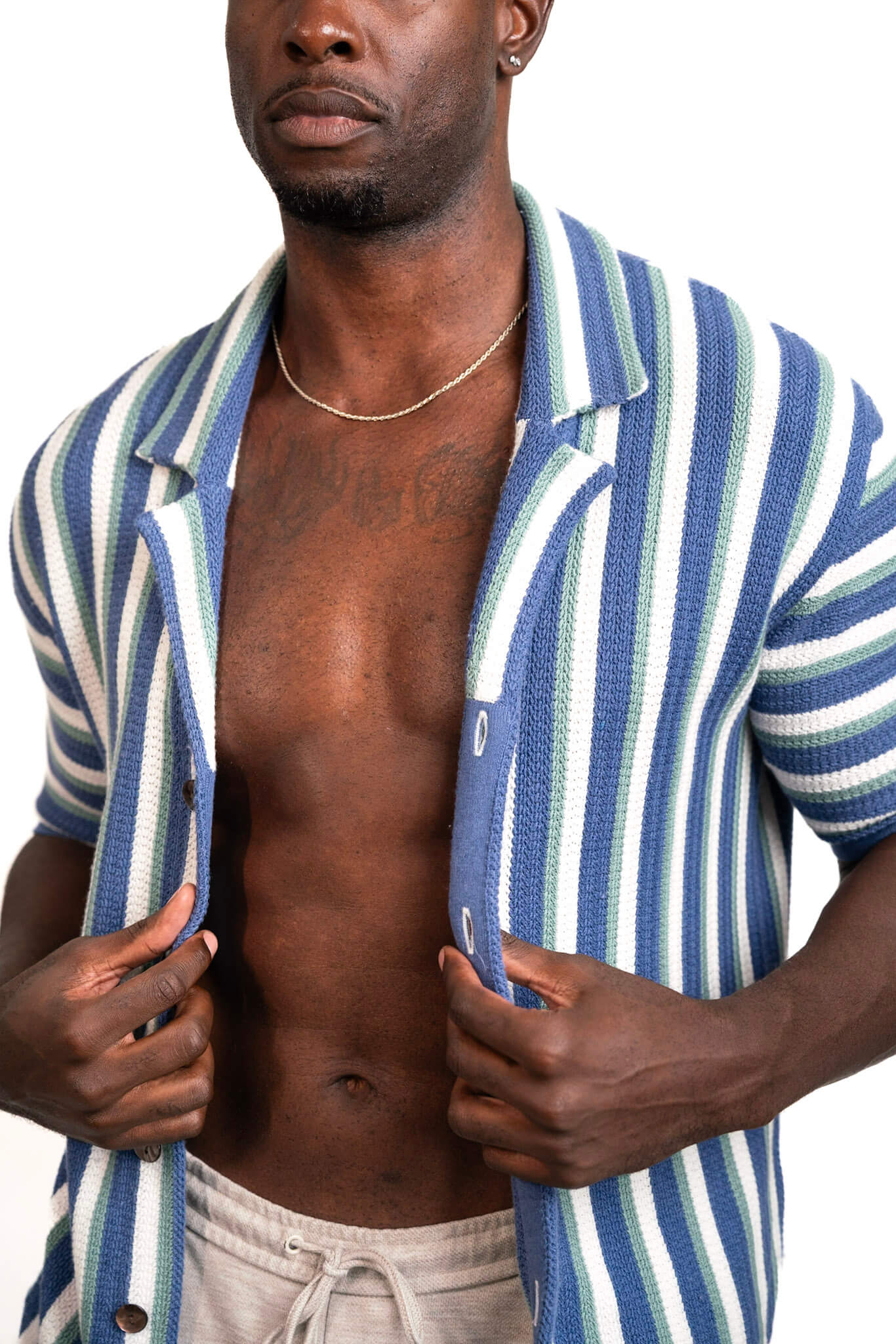 Hand-Woven Button-Up Shirt | Organic Cashmere Cotton Blend | Midnight Blue, Sage & Cream