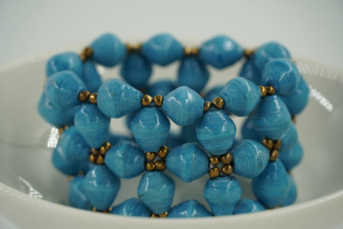 Artisanal Blue and Gold Paper Bead Cuff Bracelet