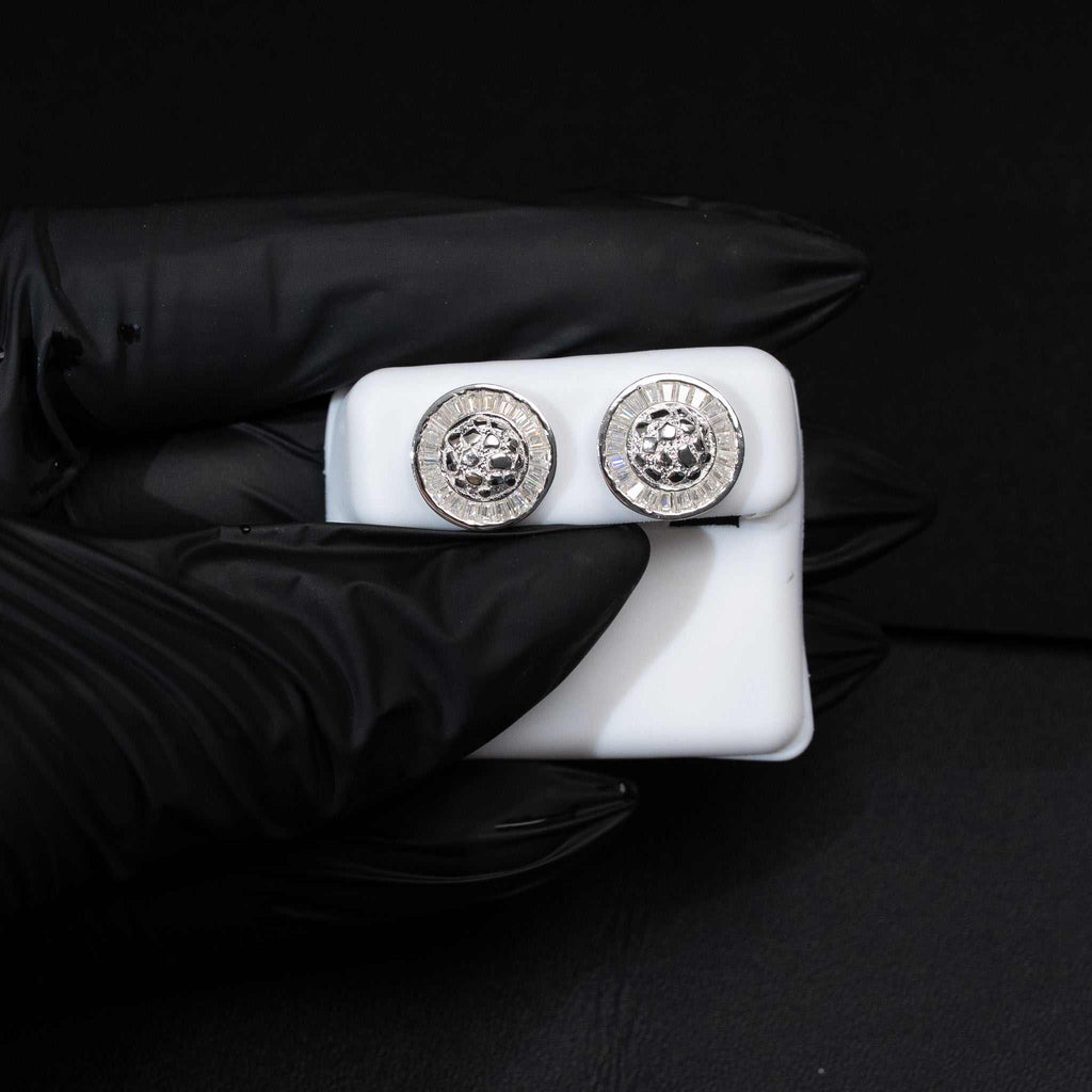 Moissanite Baguette Nugget Saturn Round Stud Earrings 925 Sterling Silver Screw Back