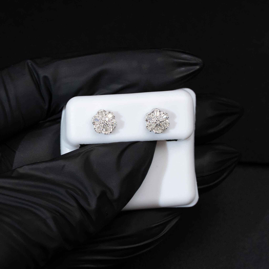 Moissanite Flower Stud Earrings Baguette Cut 925 Sterling Silver Screw Back
