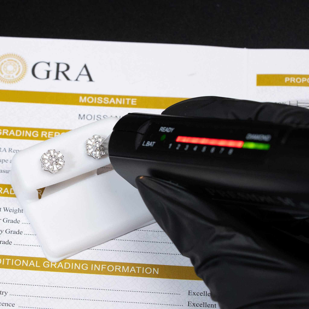 Moissanite Flower Stud Earrings Baguette Cut 925 Sterling Silver Screw Back