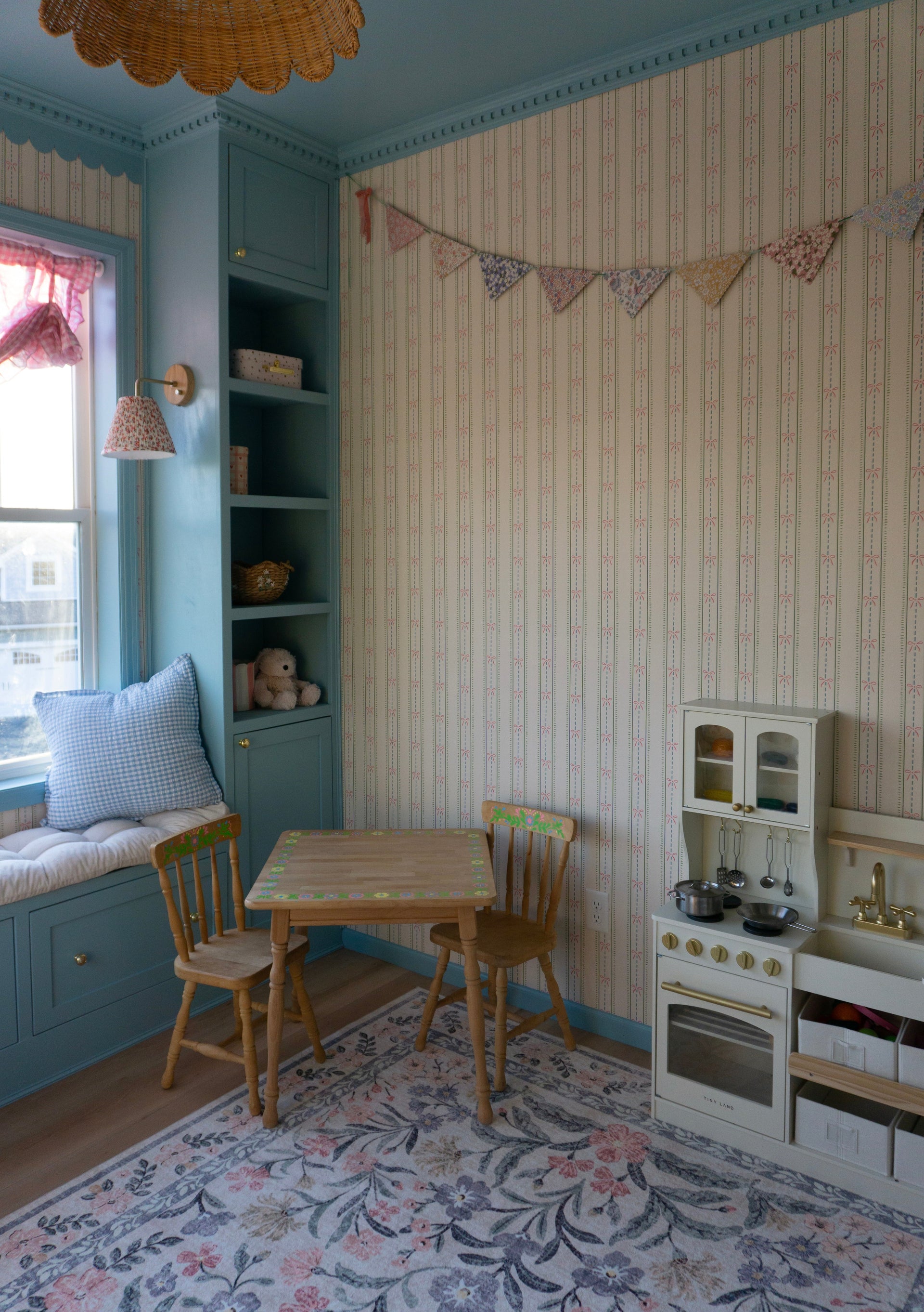 Lena Striped Wallpaper in Pastel Blue, Pink and Cream