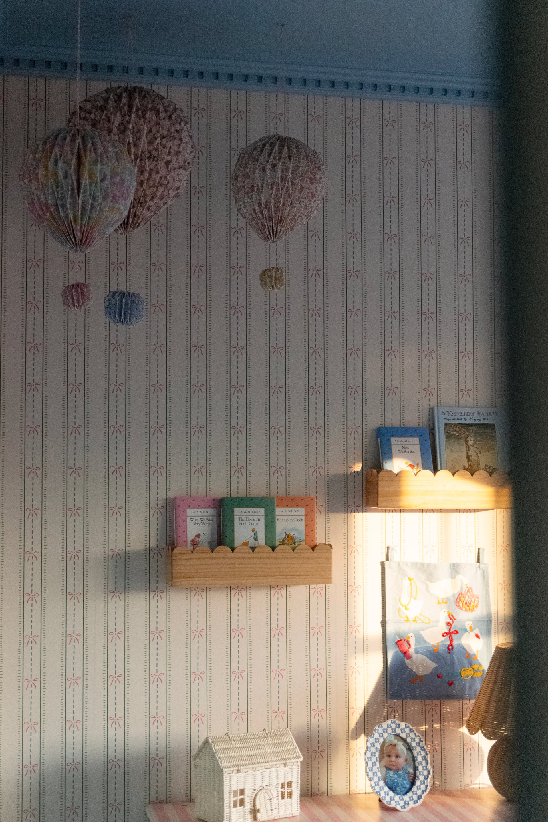 Lena Striped Wallpaper in Pastel Blue, Pink and Cream