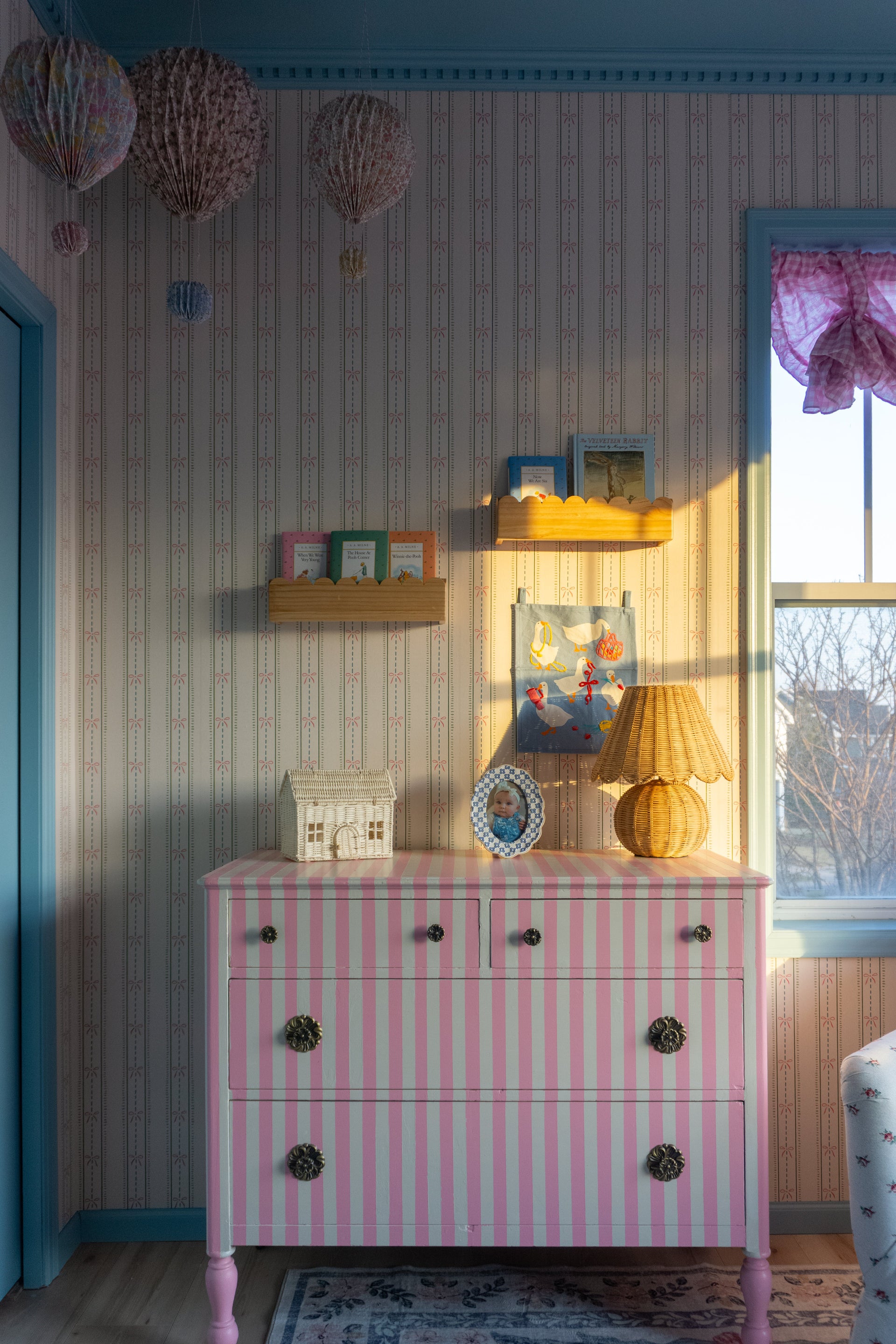 Lena Striped Wallpaper in Pastel Blue, Pink and Cream