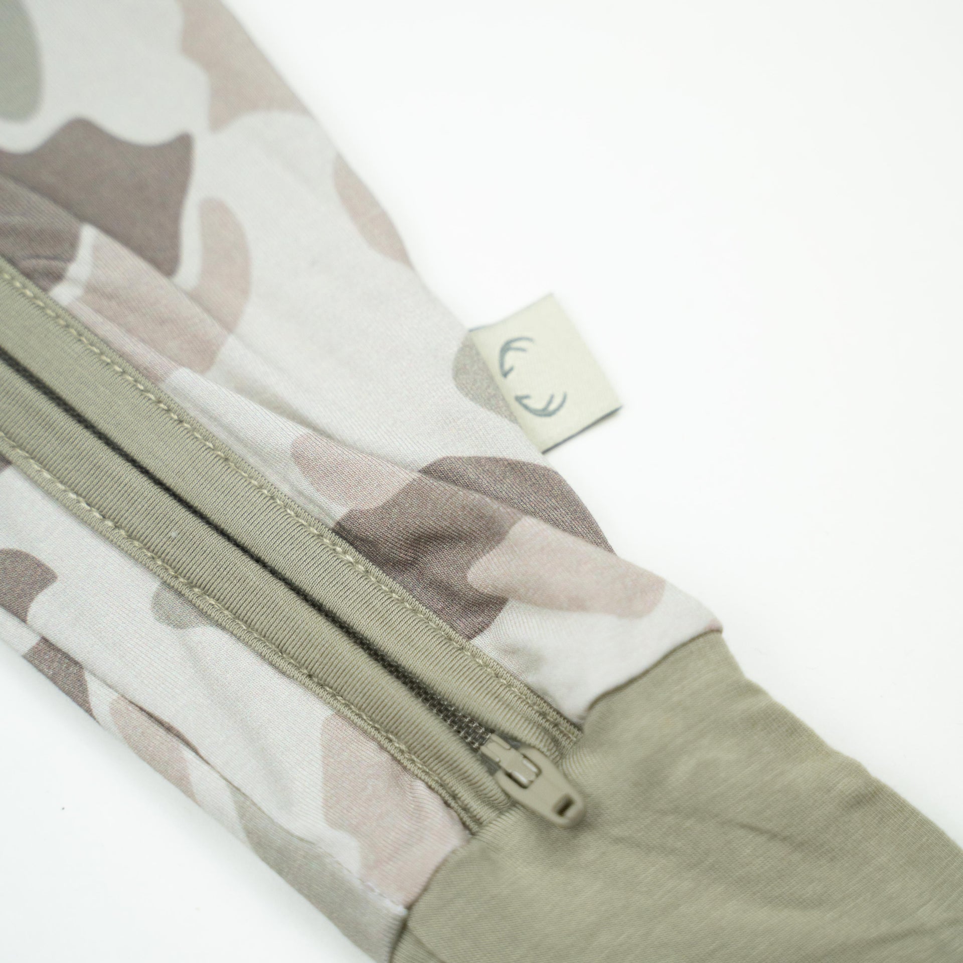 Modern Camo Knit Baby Zippy in Beige, Olive Green, and Taupe