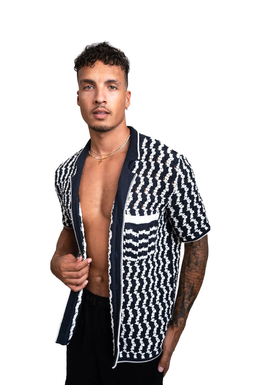 Crochet Button-Up Shirt | Organic Cashmere Cotton Blend | Navy & White