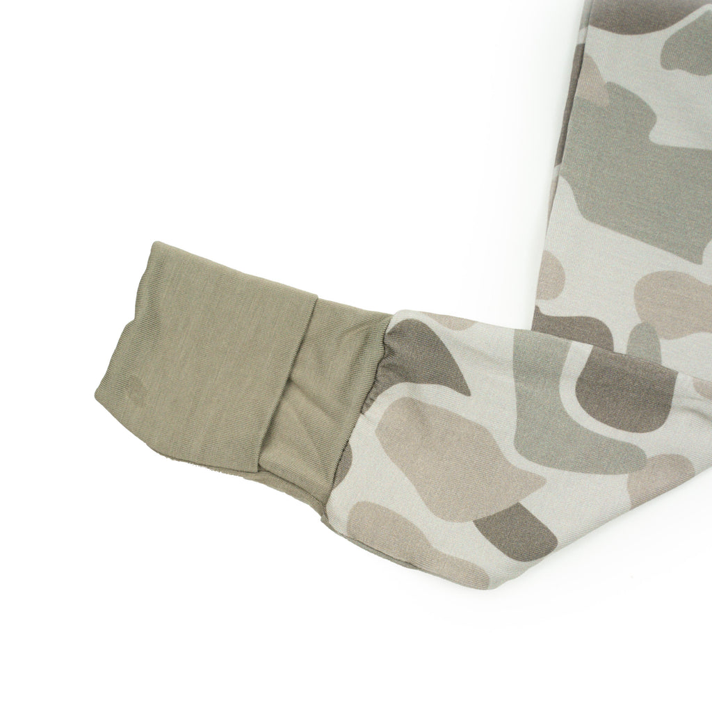 Modern Camo Knit Baby Zippy in Beige, Olive Green, and Taupe