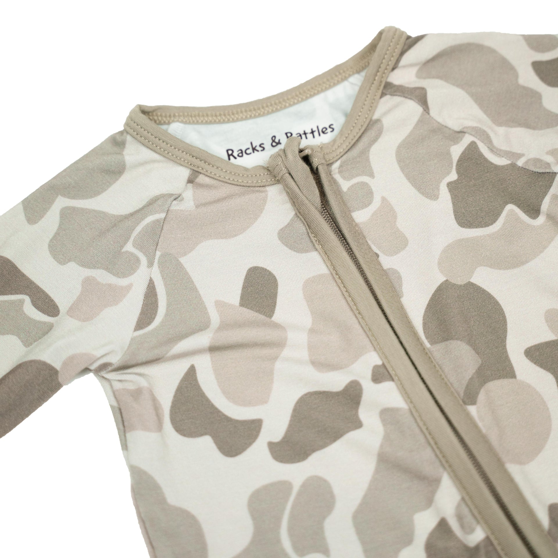 Modern Camo Knit Baby Zippy in Beige, Olive Green, and Taupe