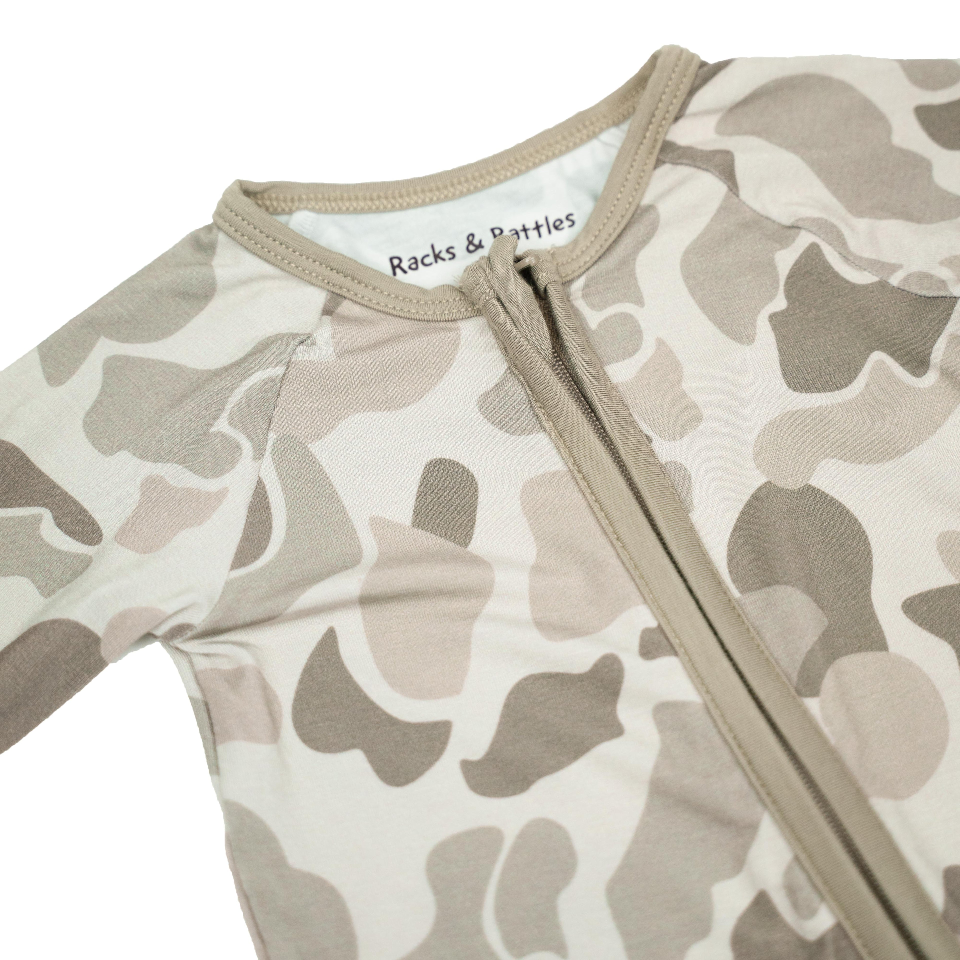 Modern Camo Knit Baby Zippy in Beige, Olive Green, and Taupe