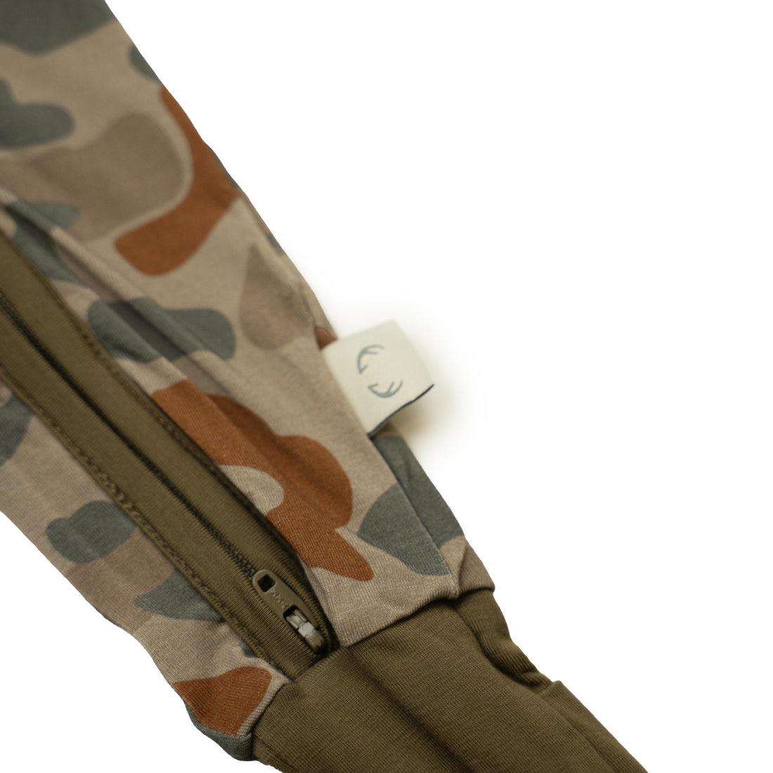 Camo Outdoorsy Baby Zippy in Olive Green, Tan, and Rust Brown