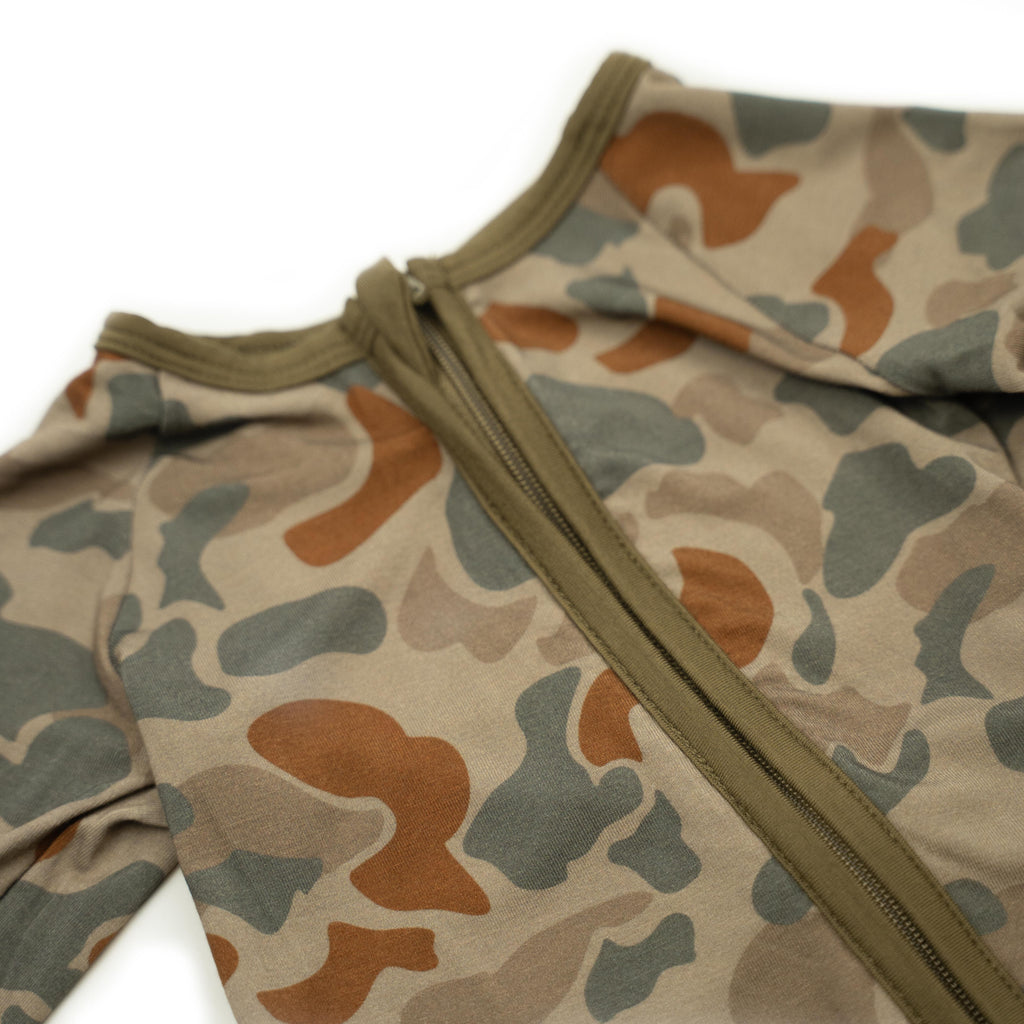 Camo Outdoorsy Baby Zippy in Olive Green, Tan, and Rust Brown
