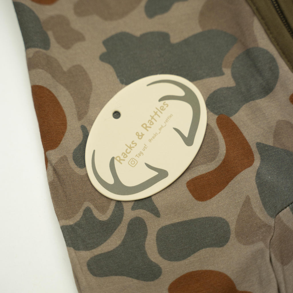 Camo Outdoorsy Baby Zippy in Olive Green, Tan, and Rust Brown