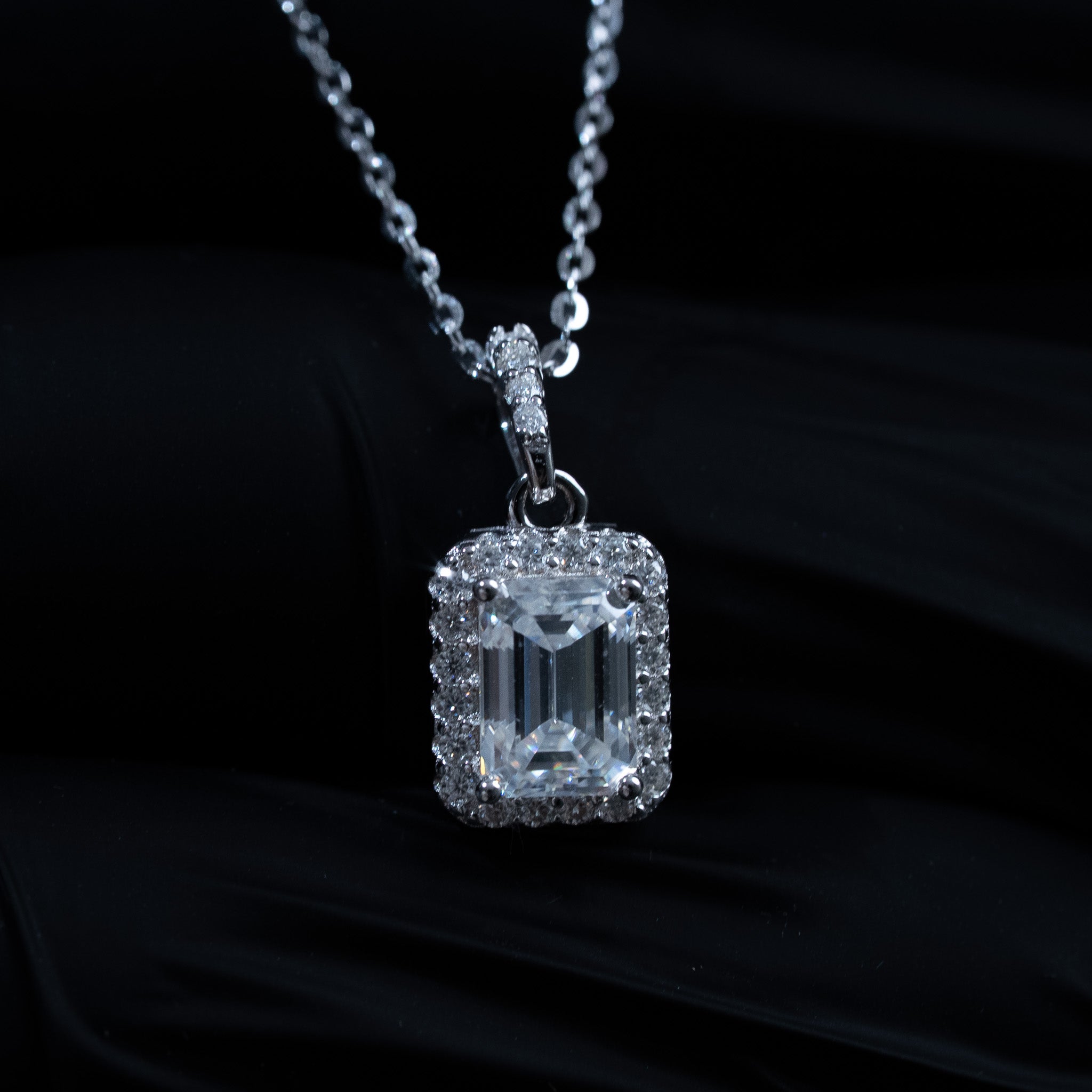 Moissanite 1.2 TCW Emerald Cut Halo Womens Necklace