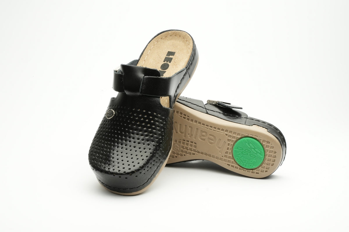 Women’s Leather Orthopedic Clogs with Adjustable Buckle Strap