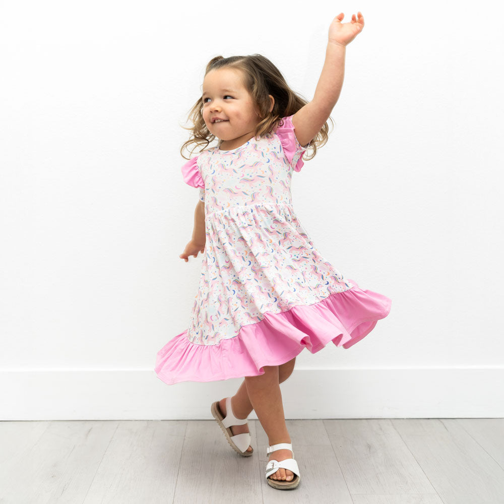 Lavender Unicorns Bamboo Ruffle Spin Dress
