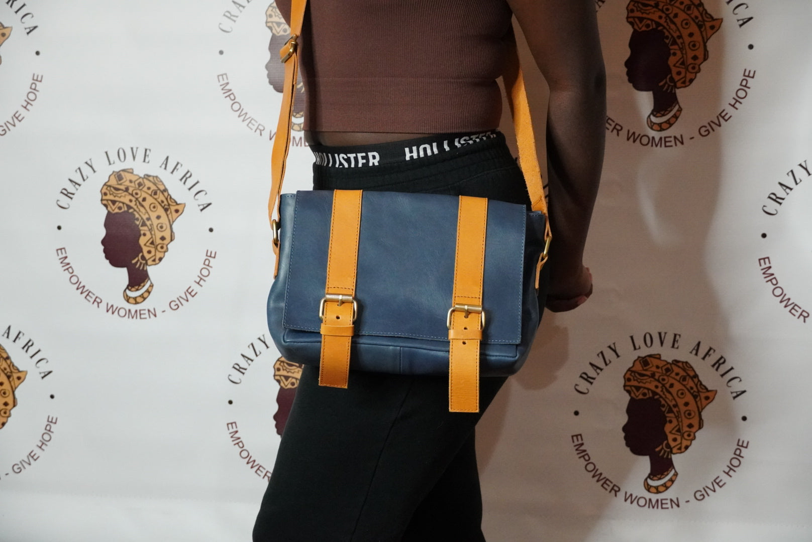 Serawit Leather Crossbody Purse in Navy Blue and Mustard Yellow
