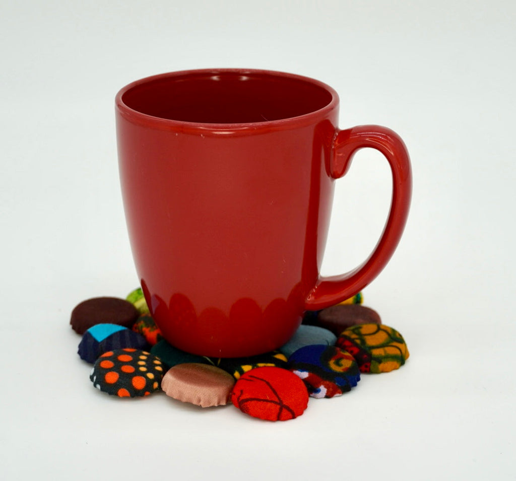 Set of 4 Bohemian Ugandan Fabric Bottle Cap Coasters, Multicolor