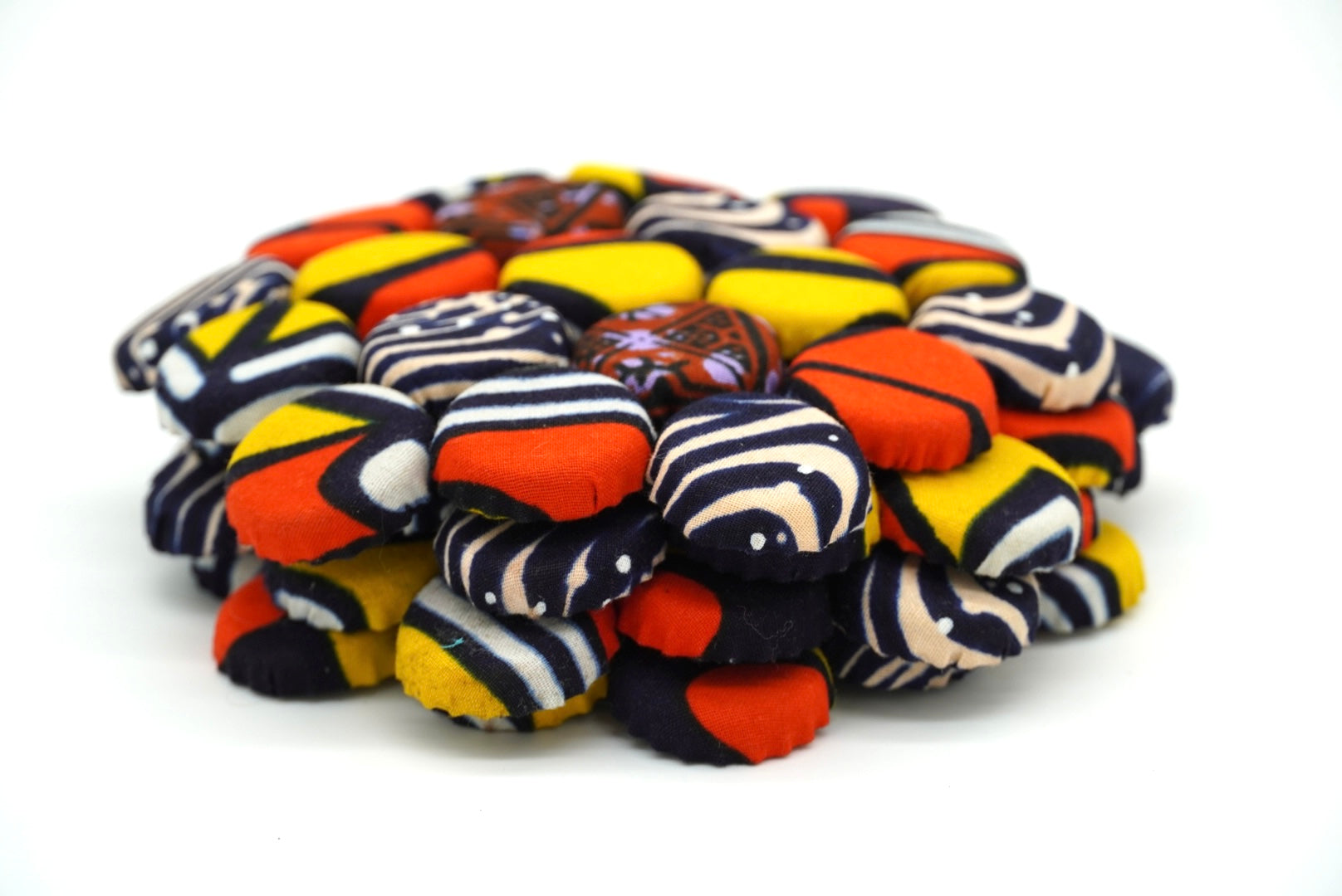 Set of 4 Bohemian Ugandan Fabric Bottle Cap Coasters, Multicolor