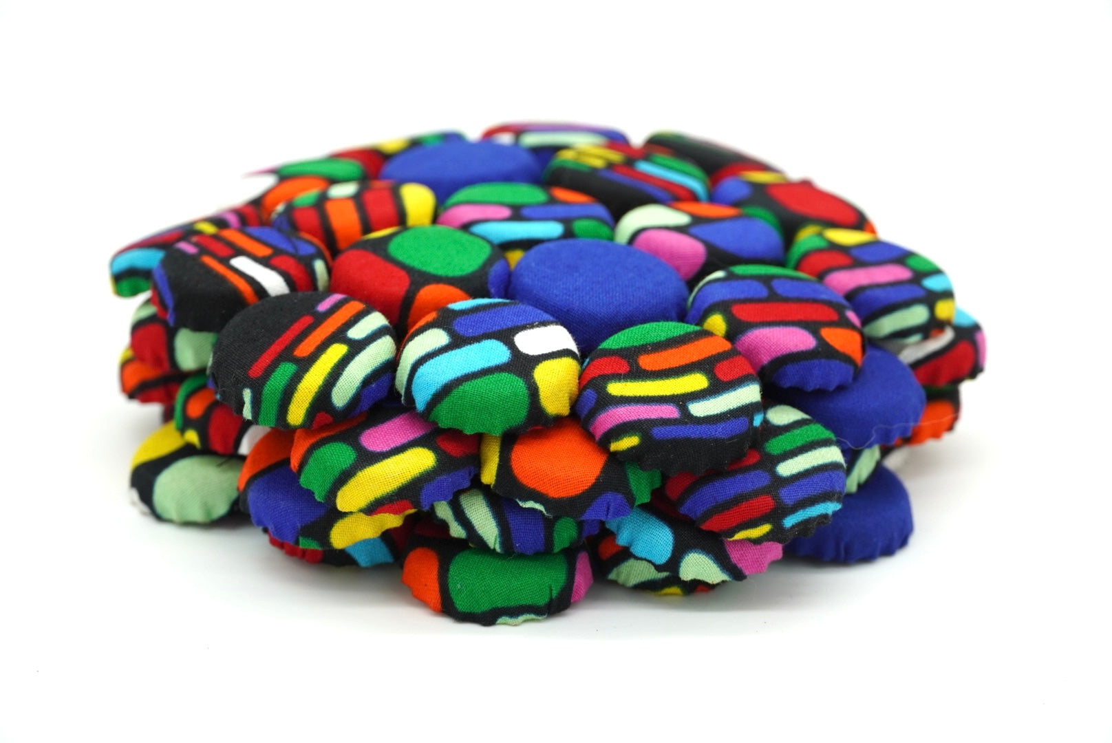 Set of 4 Bohemian Ugandan Fabric Bottle Cap Coasters, Multicolor