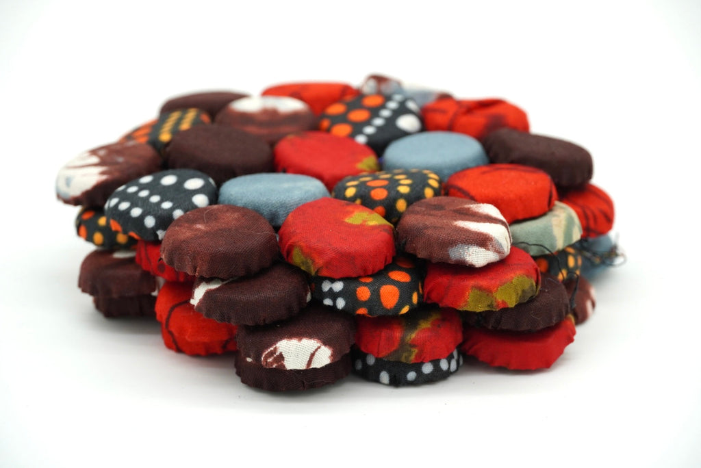 Set of 4 Bohemian Ugandan Fabric Bottle Cap Coasters, Multicolor