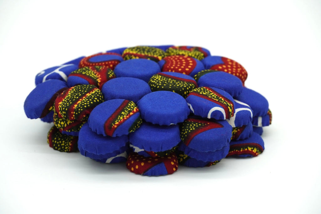 Set of 4 Bohemian Ugandan Fabric Bottle Cap Coasters, Multicolor