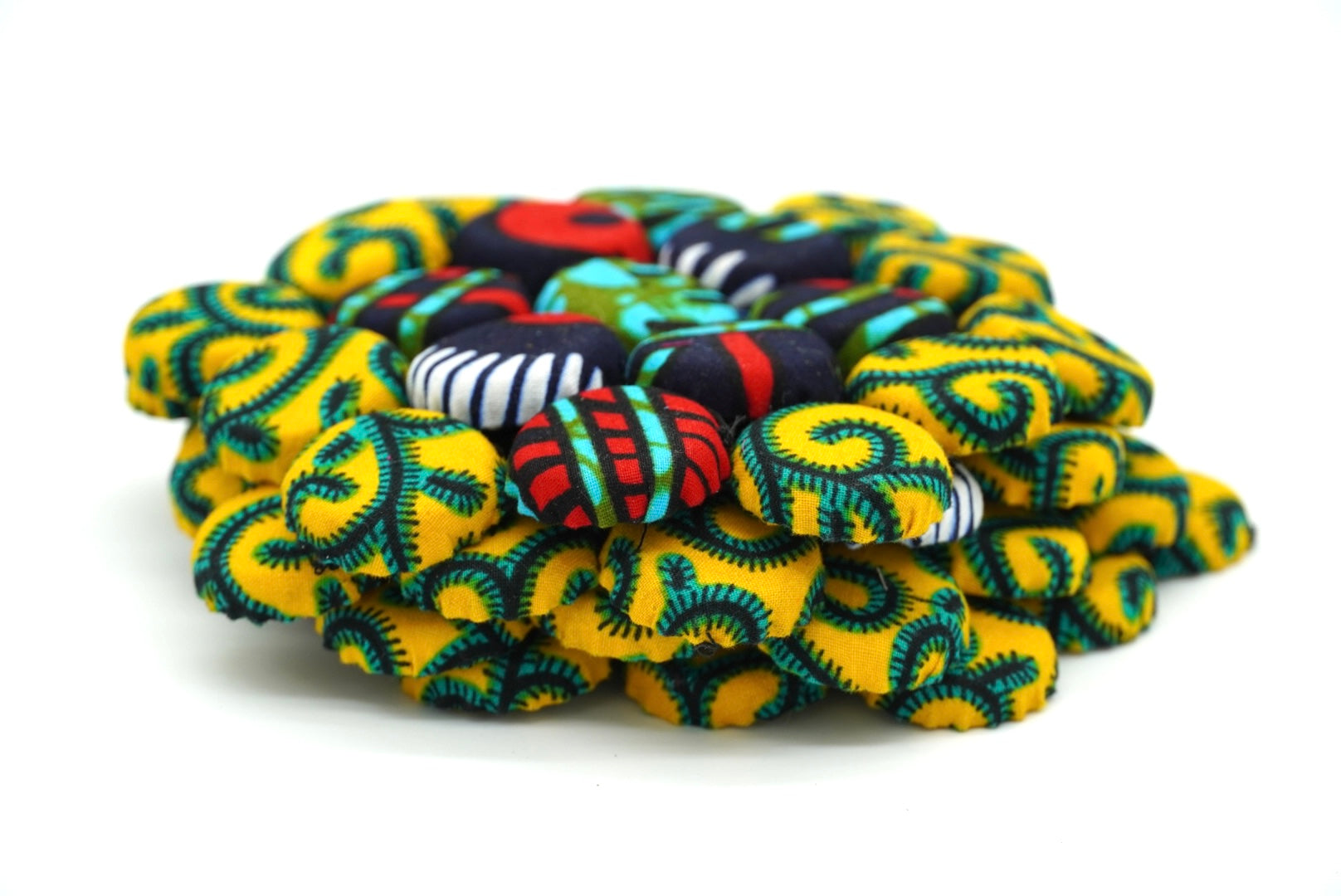 Set of 4 Bohemian Ugandan Fabric Bottle Cap Coasters, Multicolor