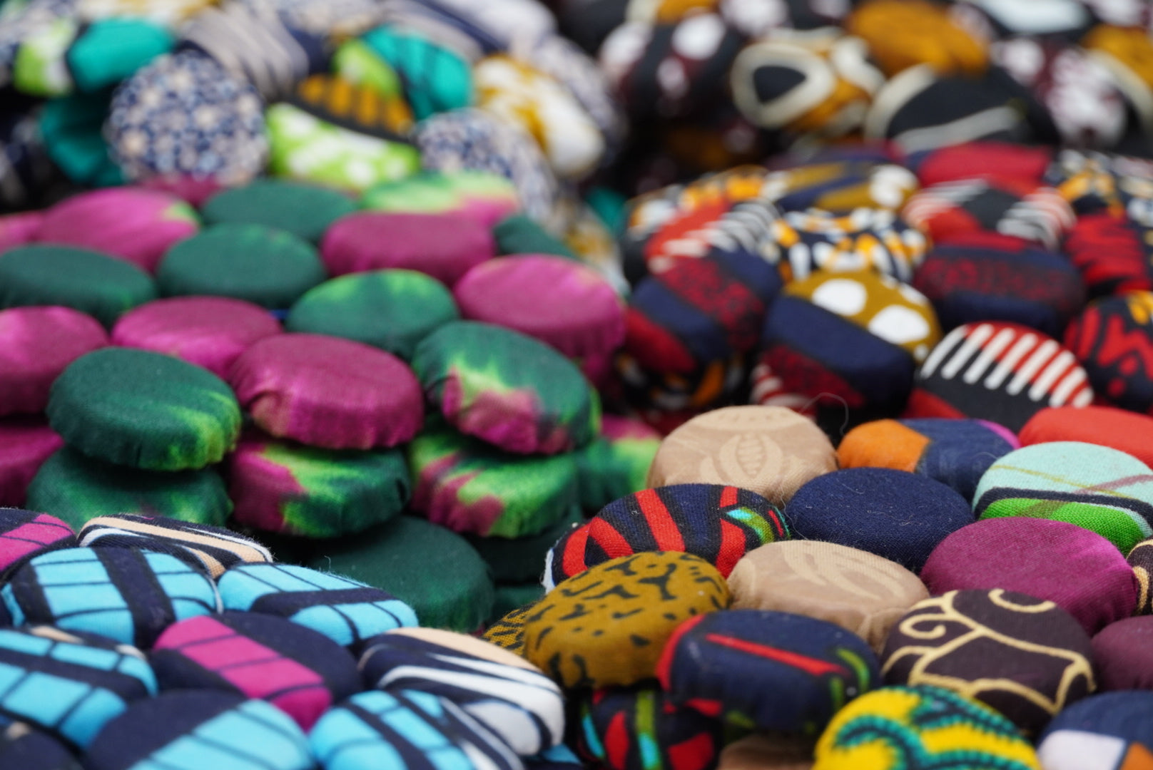 Set of 4 Bohemian Ugandan Fabric Bottle Cap Coasters, Multicolor