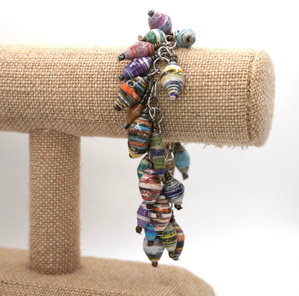 Bohemian Ugandan Paper Bead Charm Bracelet with Metallic Accents