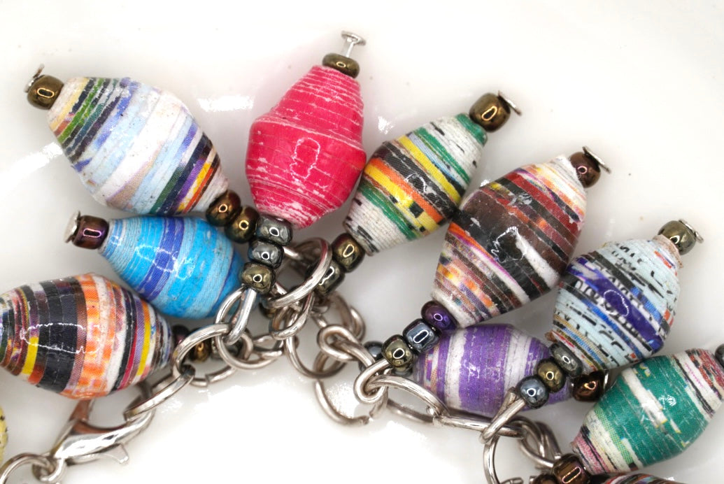 Bohemian Ugandan Paper Bead Charm Bracelet with Metallic Accents