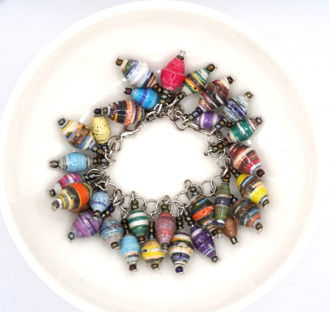 Bohemian Ugandan Paper Bead Charm Bracelet with Metallic Accents