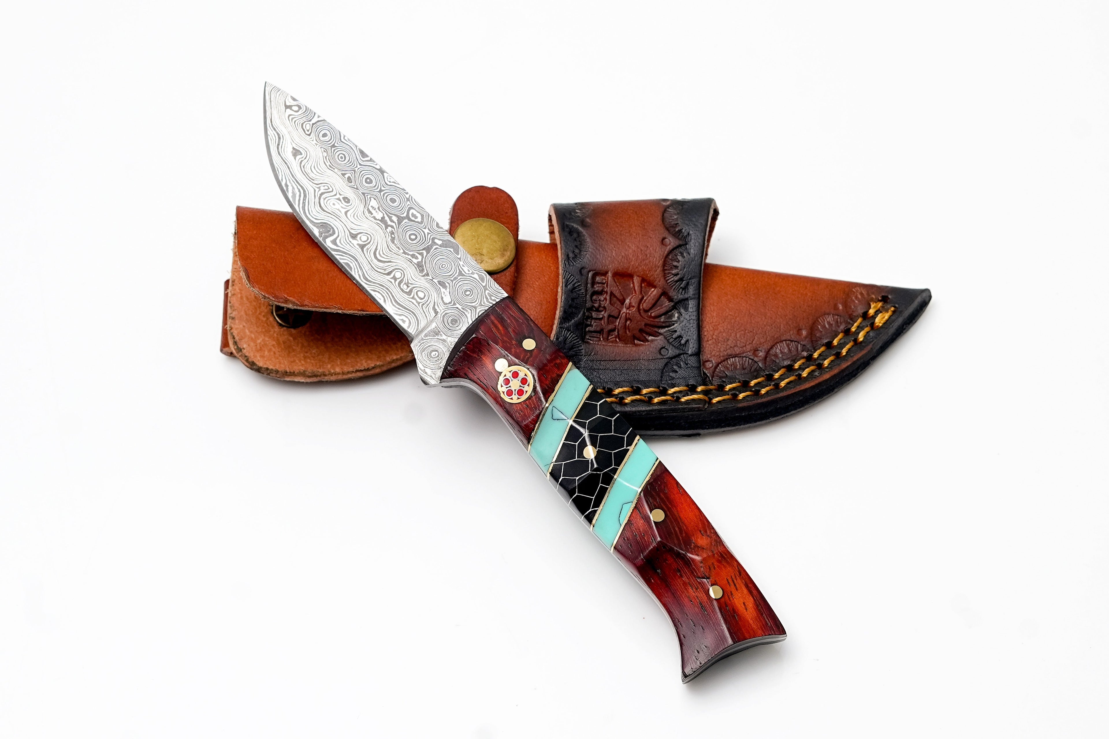 Custom Damascus Steel Drop Point Hunter | Rosewood, Turquoise & Black Honeycomb Handle | Scout Carry TK-489