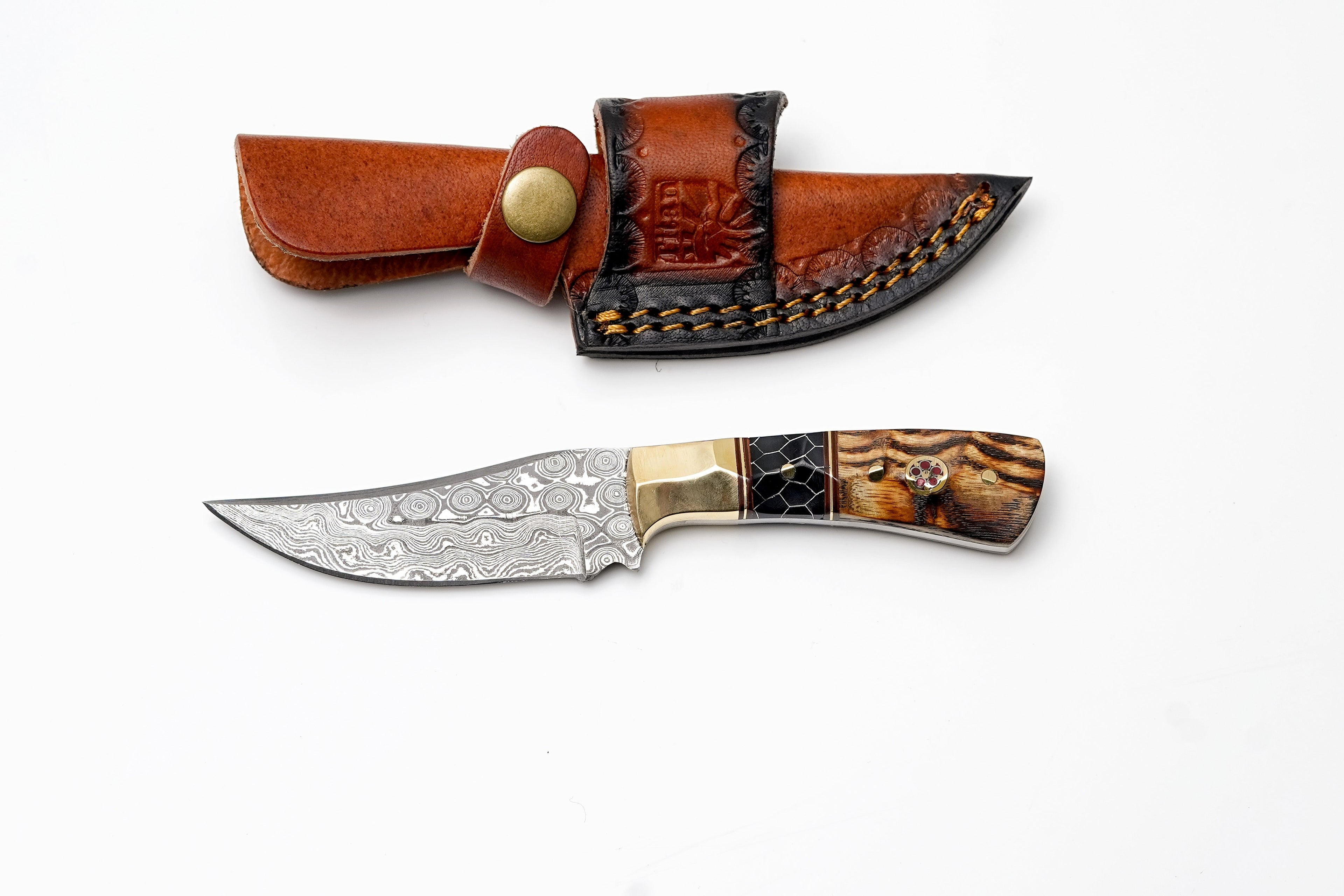 Damascus Steel Trailing Point Hunter | Brass Bolster, Exotic Wood & Honeycomb Handle | Scout Carry TK-495
