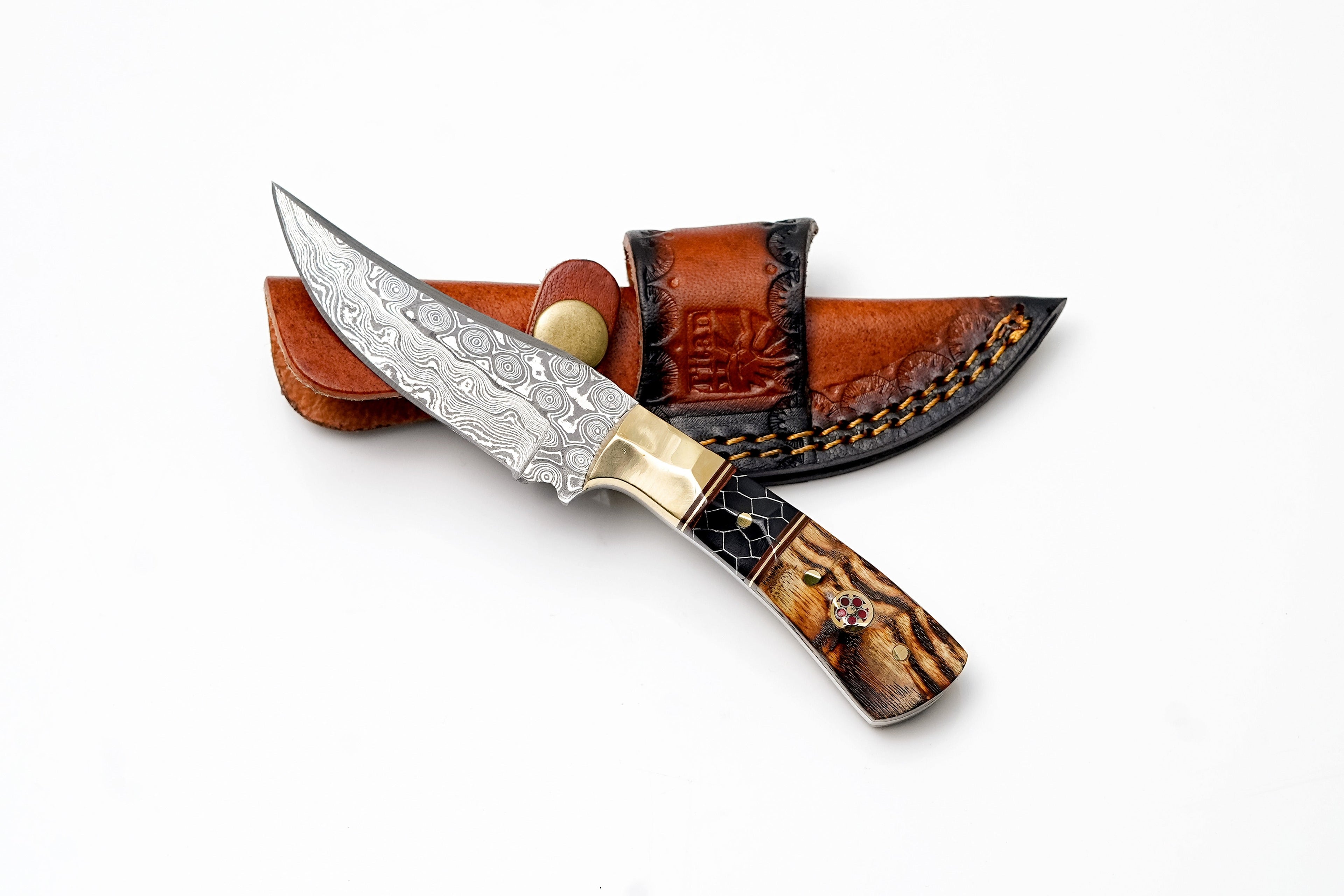 Damascus Steel Trailing Point Hunter | Brass Bolster, Exotic Wood & Honeycomb Handle | Scout Carry TK-495