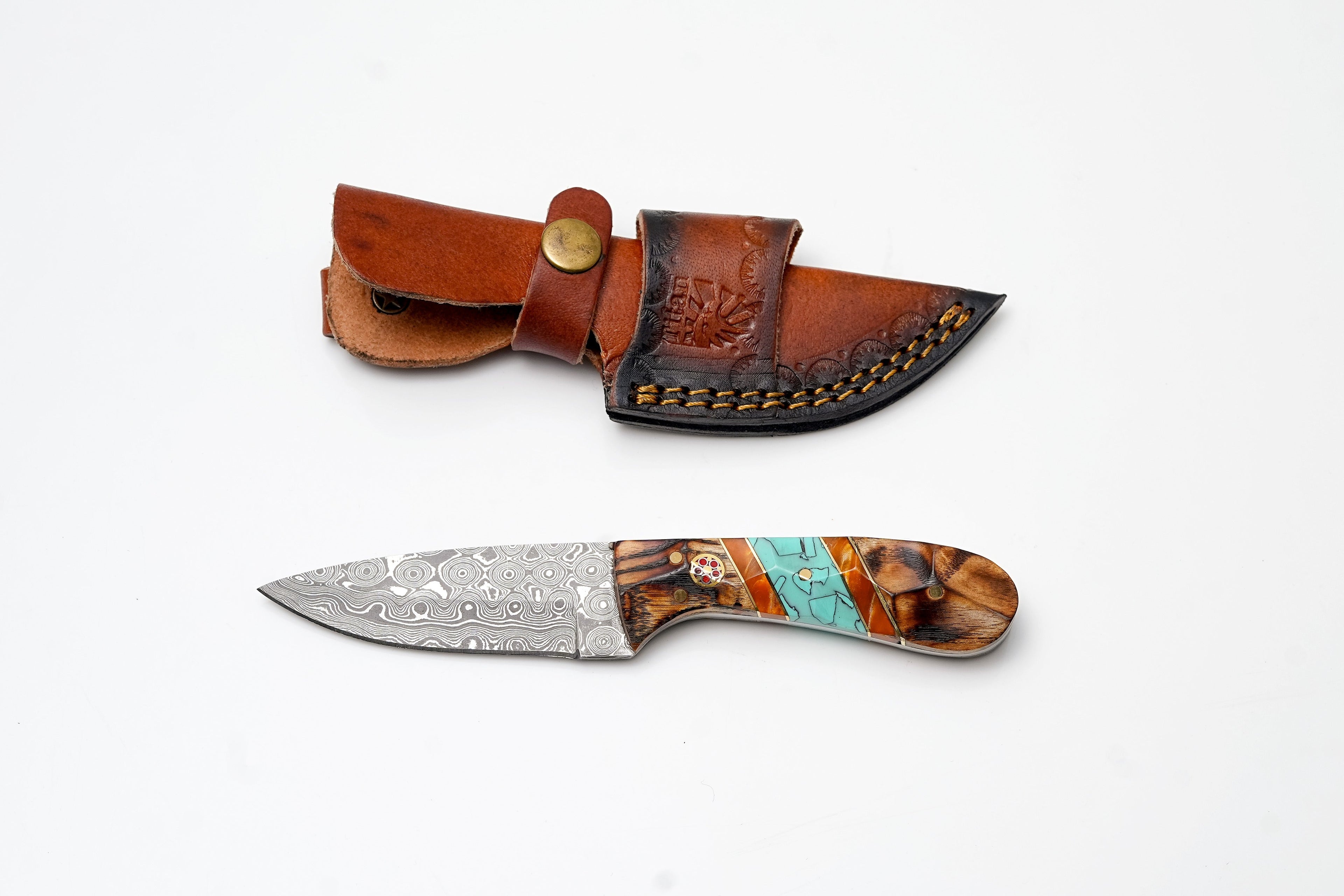Damascus Steel Drop Point Hunter | Zebrawood, Turquoise & Amber Resin Handle TK-496